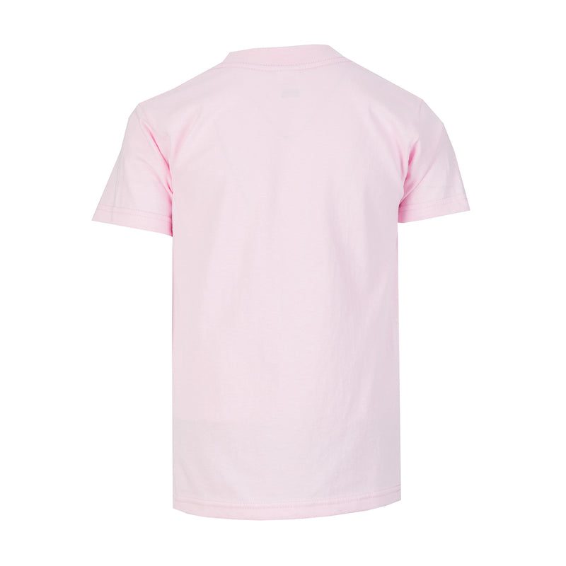 Youth pink crew neck T-shirt with short sleeves, back view
