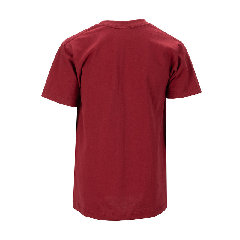 Burgundy youth crew-neck T-shirt, short sleeves, plain back view.