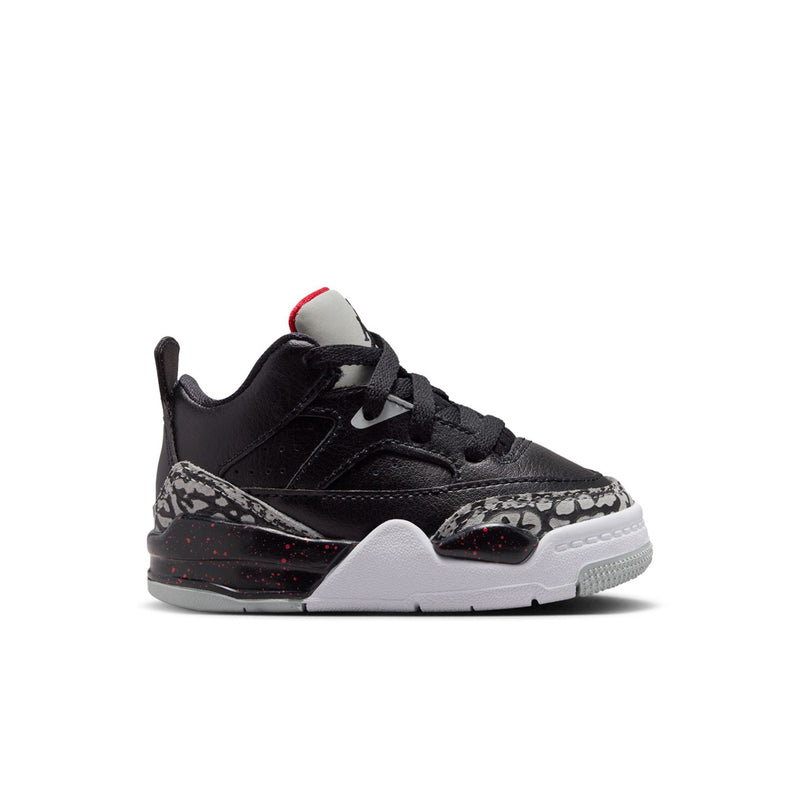 Toddler black low sneakers with grey leopard-print overlay and white midsole.