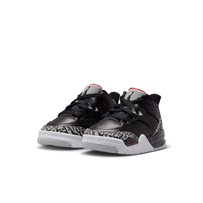 Toddler pair of black sneakers with grey leopard-print toe caps and red heel accents.
