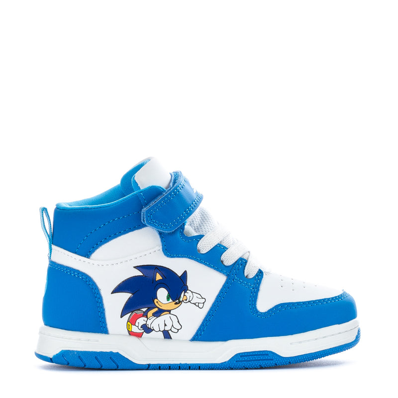 Toddler blue-and-white high-top sneakers with Sonic character logo on side