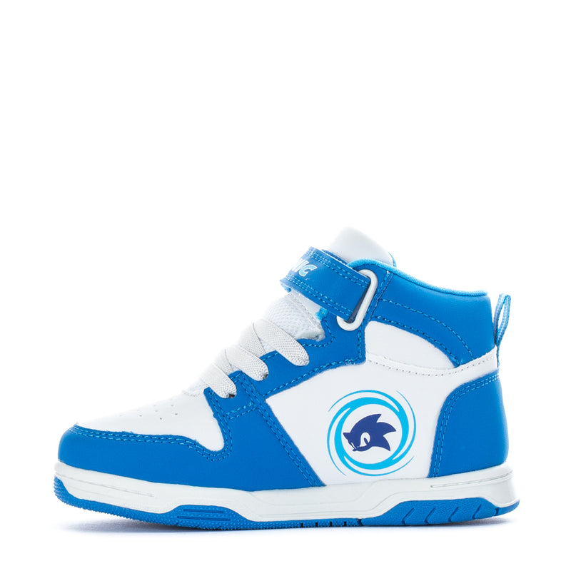 Toddler blue-and-white high-top sneakers with circular Sonic emblem