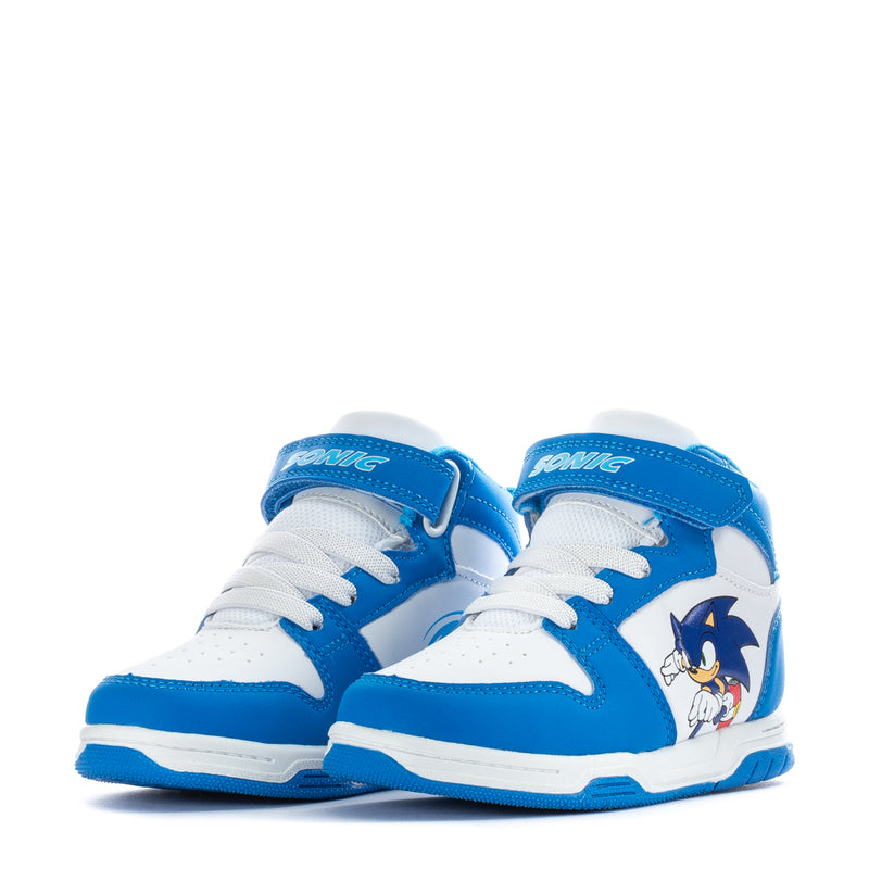 Toddler pair of blue-and-white high-top sneakers with side Sonic character artwork