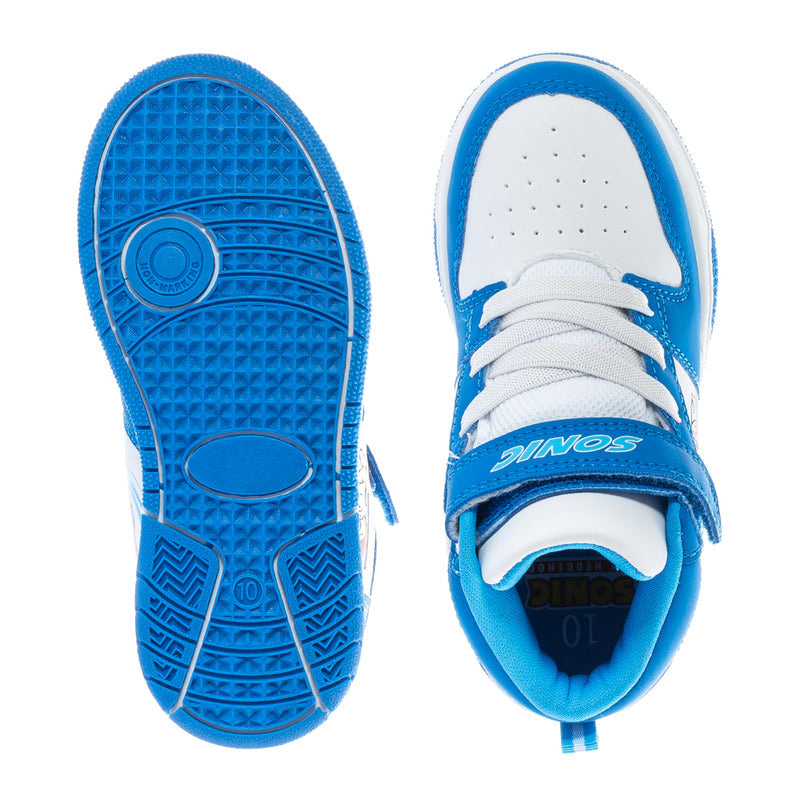 Toddler high-top sneakers outsole and inner side view in blue and white