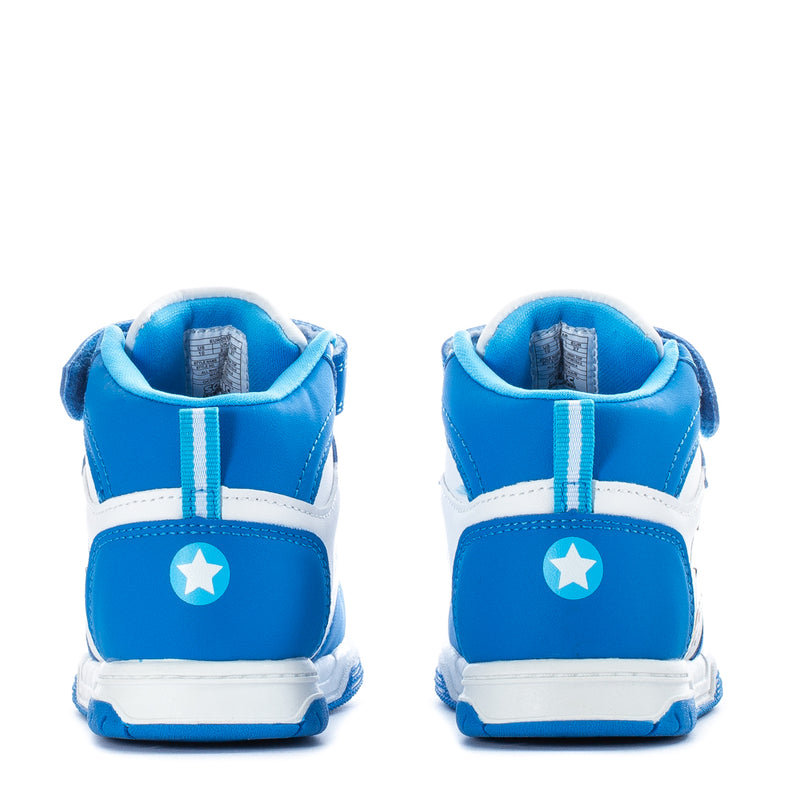 Toddler blue-and-white high-top sneakers with star patch on heel