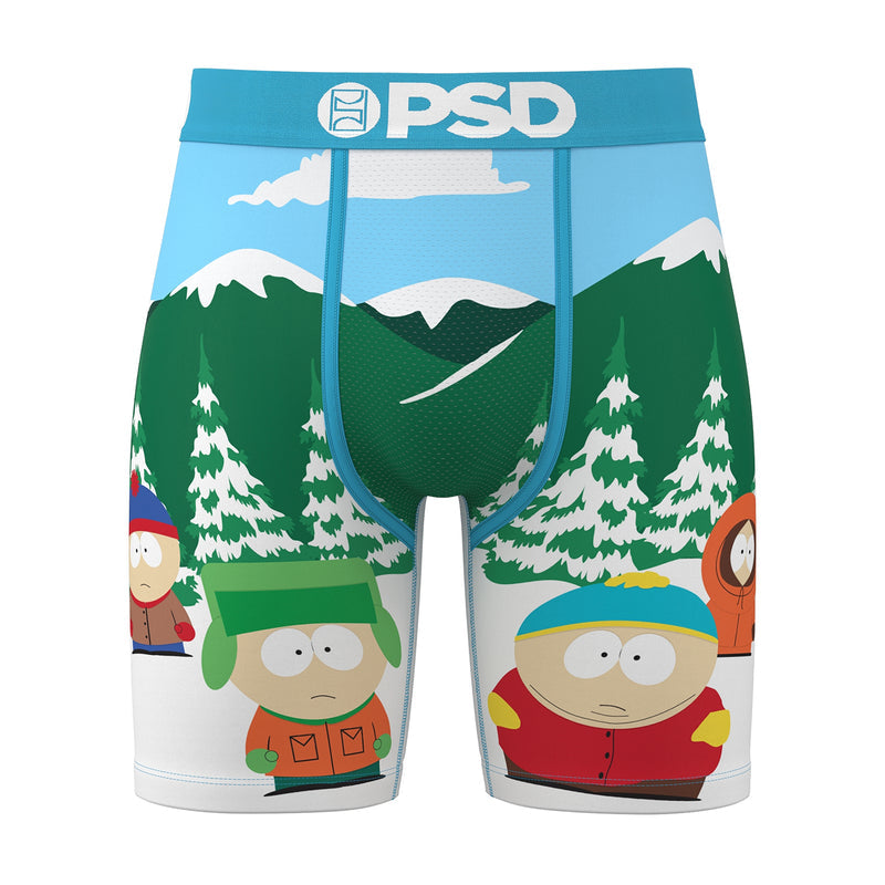 Men's boxer briefs with blue winter forest graphic and cartoon South Park characters