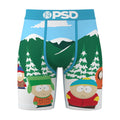 Men's boxer briefs with blue winter forest graphic and cartoon South Park characters