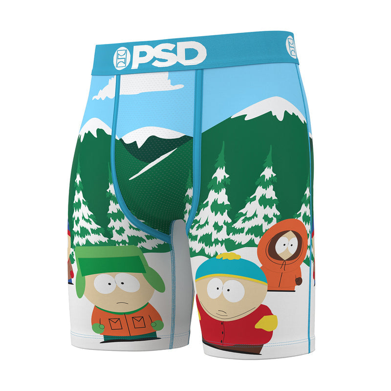Men's boxer briefs with winter forest scene and cartoon characters on a blue background
