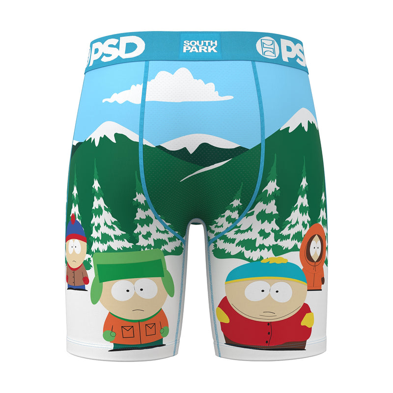 Men's boxer briefs with winter mountain forest print and cartoon characters on blue