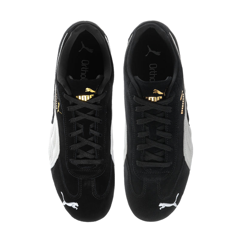 Men's black low-top sneakers, top view with lace-up eyelets and Puma branding