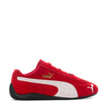 Red and white low-top women's sneaker with Puma logo and side stripe