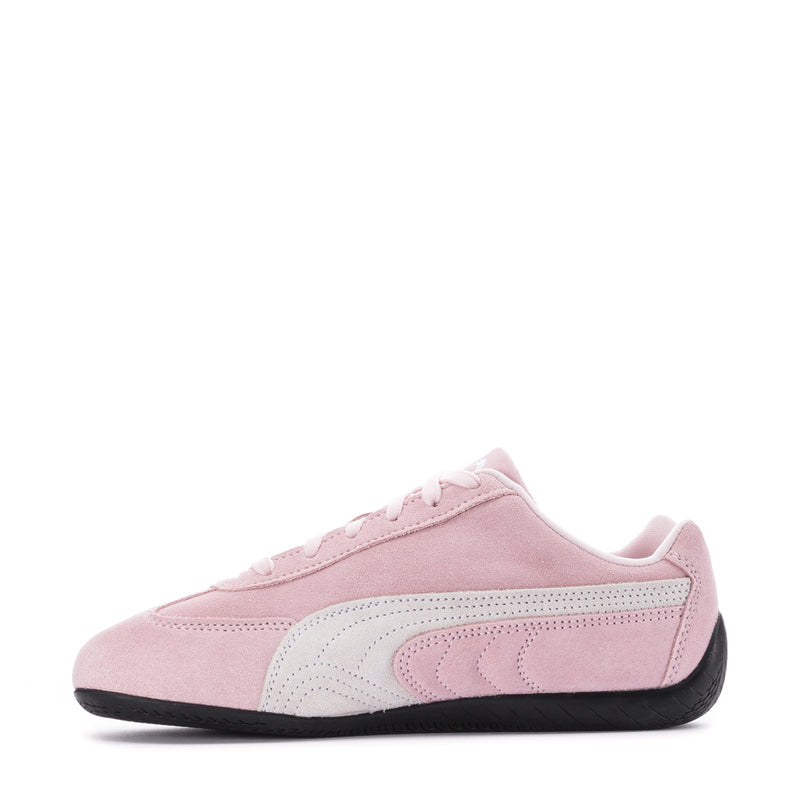 Women's pink and white Puma Speedcat OG suede sneakers, side view, lace-up