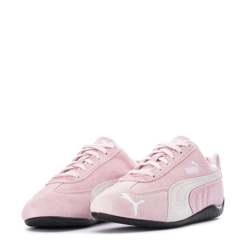 Women's pink Puma Speedcat OG suede sneakers, front pair with white laces