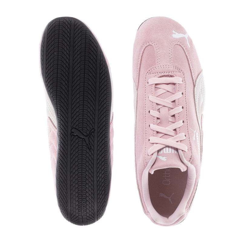 Women's pink Puma Speedcat OG suede sneakers, black outsole and heel view