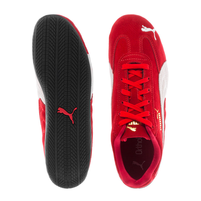 Red and white sneaker outsole and lace-up upper, showing laces and Puma