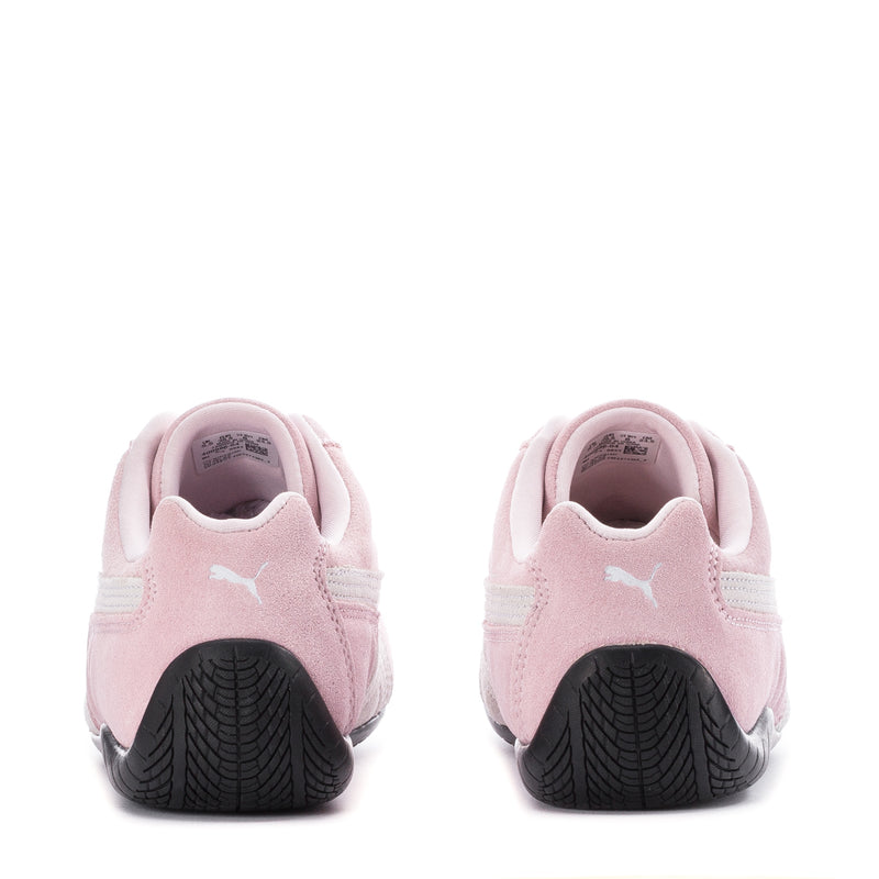 Women's pink Puma Speedcat OG suede sneakers, back view with cushioned heel