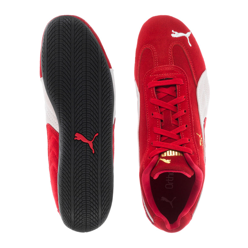Youth sneakers showing red uppers, white accents, and black textured outsole tread