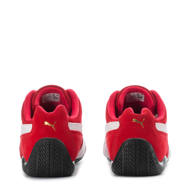 Youth sneakers heel view in red and white with yellow PUMA cat on the back