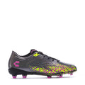 Men's football cleats, dark gray with neon lime/pink print and purple stud sole
