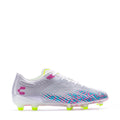 Men's Spektre soccer cleats with gray upper, multicolor stripe, neon green studs