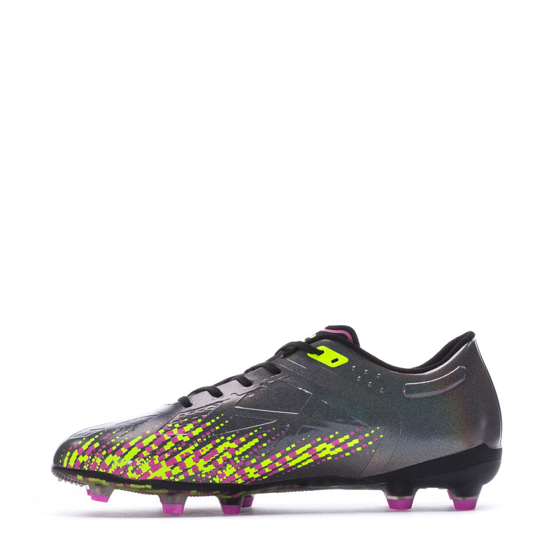 Men's football cleats, side view, dark gray with neon lime/pink speckle and purple studs
