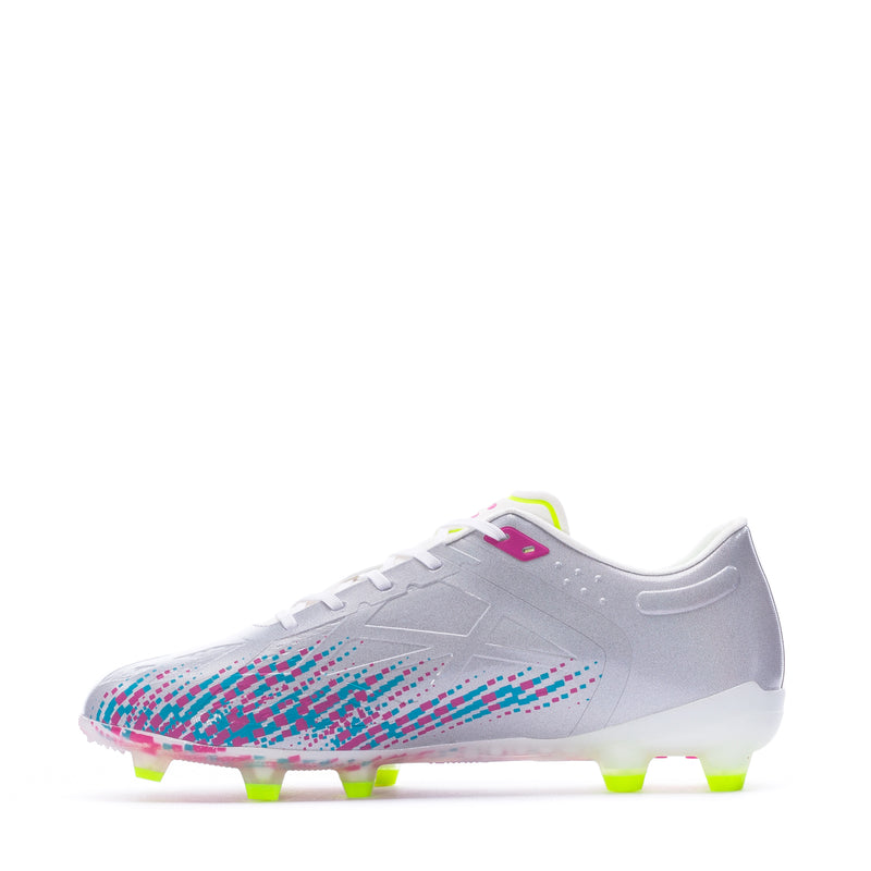 Men's Spektre soccer cleats, side profile in gray with multicolor top and neon studs