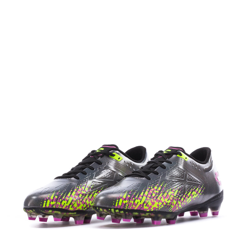 Men's football cleats, front 3/4 view, dark gray with neon lime/pink pattern and purple studs