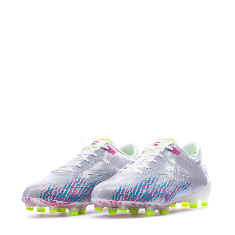 Pair of men's Spektre soccer cleats, gray with multicolor pattern uppers and neon studs