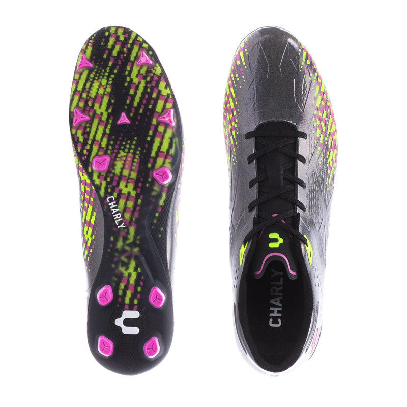 Men's football cleats outsole view with neon lime/pink pattern and CHARLY branding