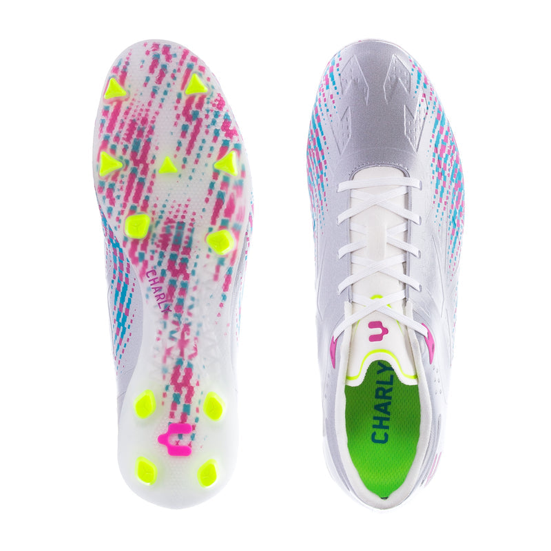 Men's Spektre cleats, studded soles with neon highlights and 'CHARL' text inside