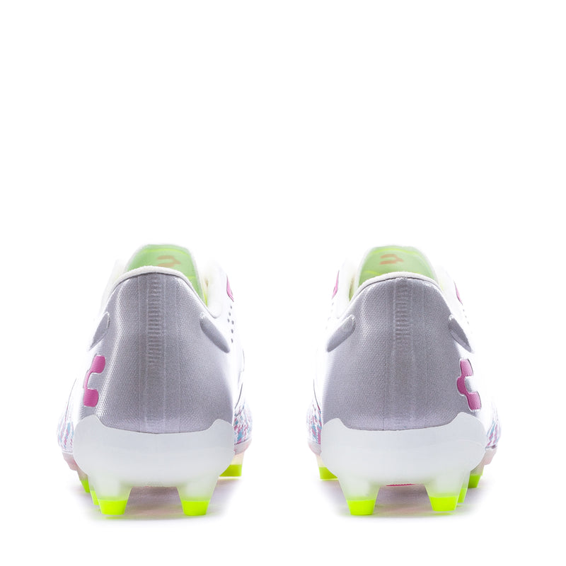 Men's Spektre cleats, heel view in gray with neon green stud outsole and trim