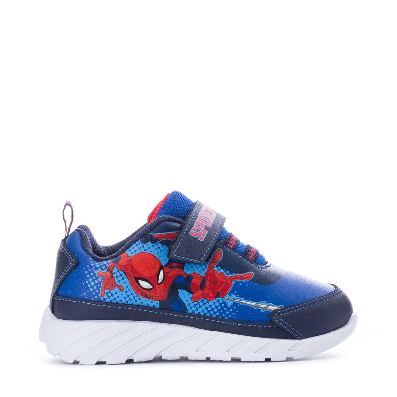 Toddler blue athletic sneakers with Spiderman face graphic and velcro strap.