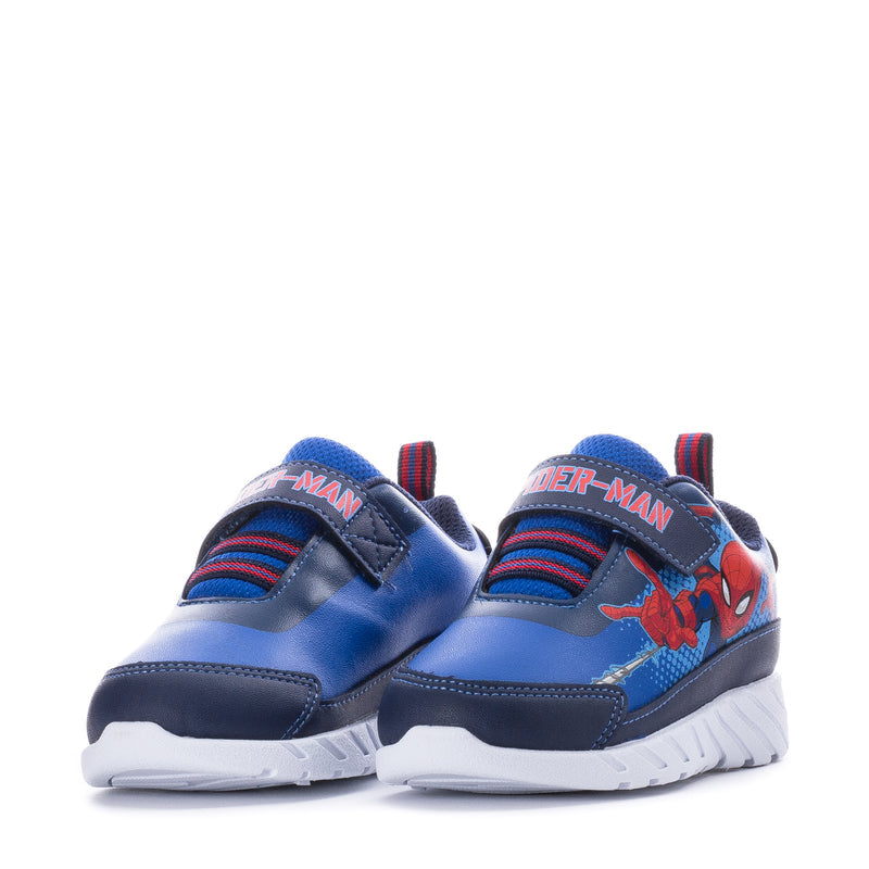 Toddler athletic sneakers pair with Spider-Man web motif on blue uppers.