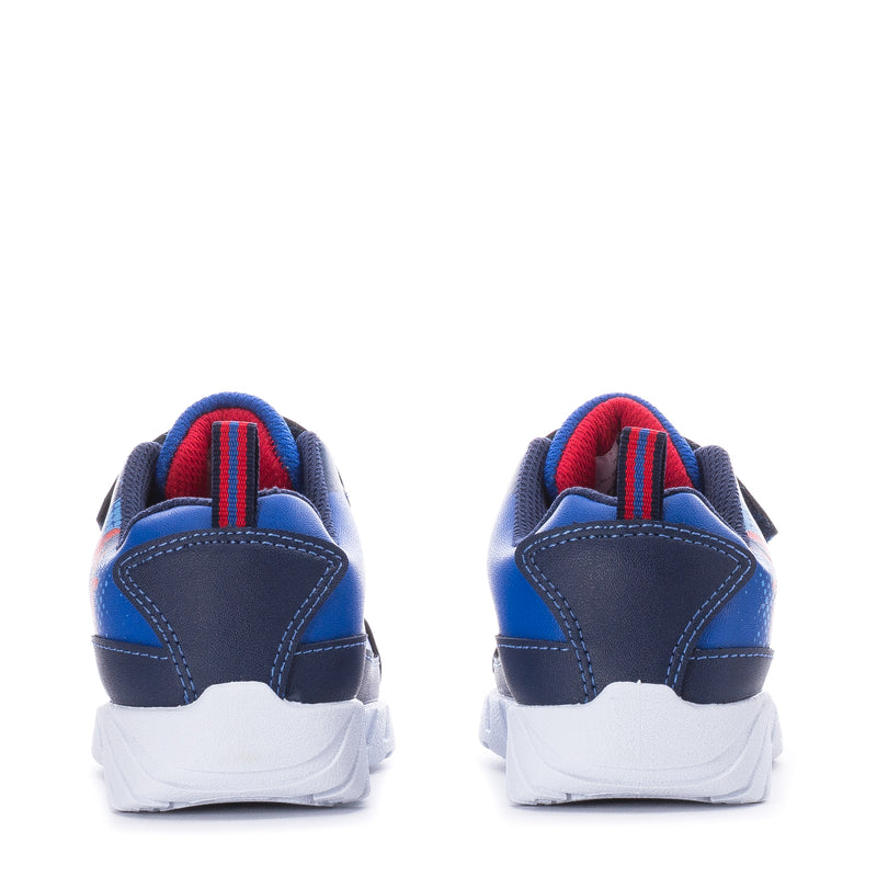 Toddler sneakers heel view with red-and-blue striped collar and white sole.