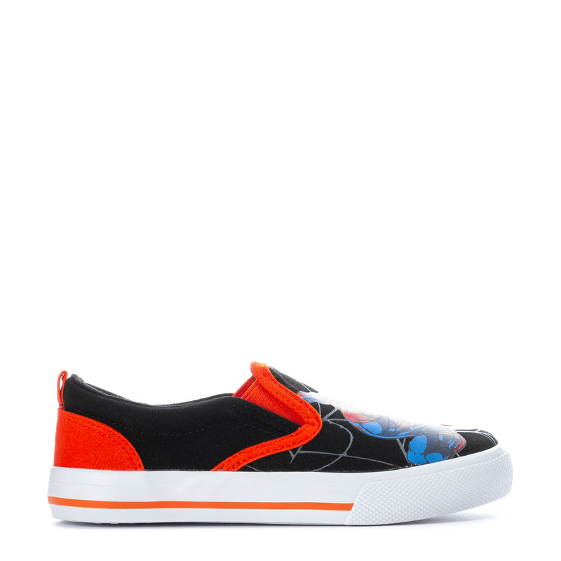 Kids' Spider-Man slip-on shoes, black with orange trim and blue/red web pattern