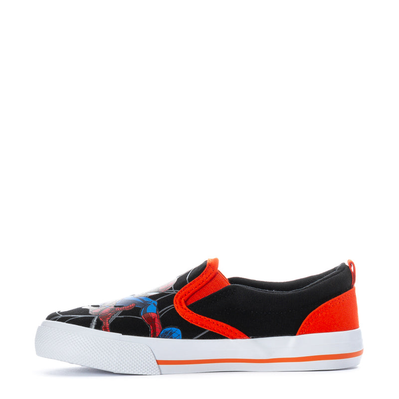 Kids' Spider-Man slip-on shoes, black upper with orange collar and web graphic