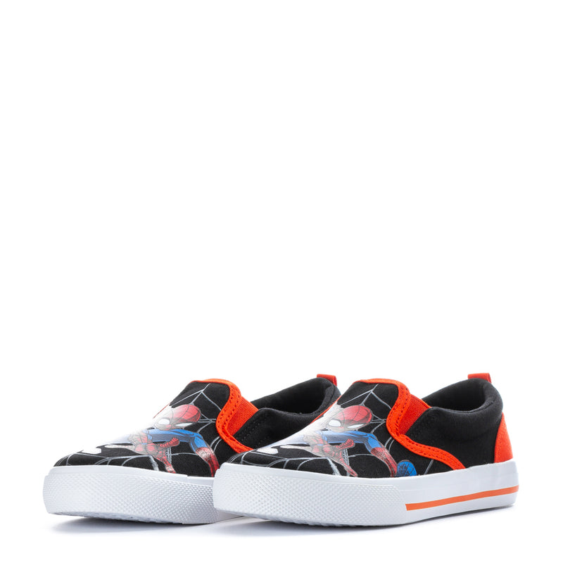 Kids' Spider-Man slip-on shoes, pair view with black, orange heel, and web print