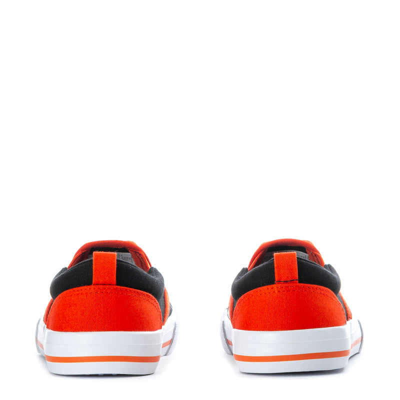 Kids' Spider-Man slip-on shoes heel view, orange back panel on black fabric