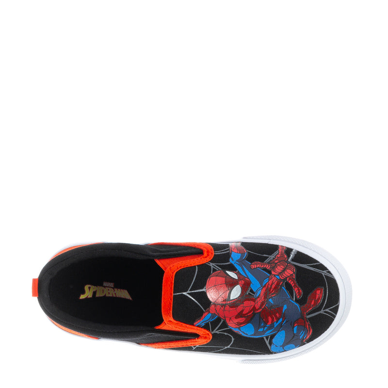 Kids' Spider-Man slip-on shoes, side view with orange trim and Spider-Man artwork