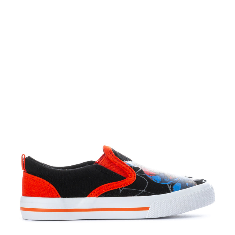 Toddler slip-on sneakers, black and red with Spider-Man graphics and orange trim
