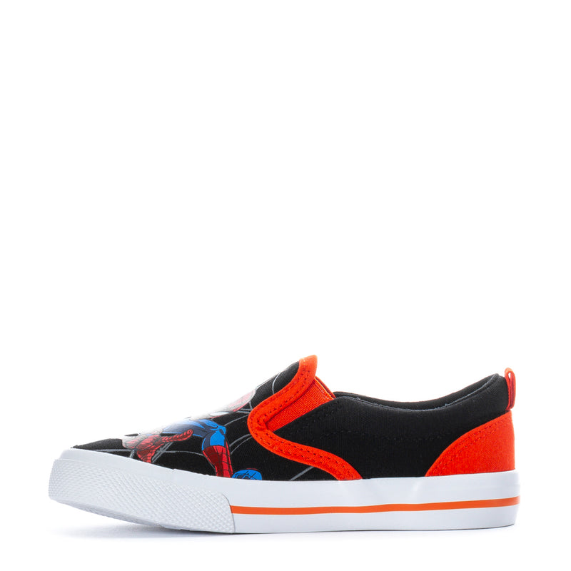 Toddler slip-on sneakers with black upper, red edging, Spider-Man print, white sole