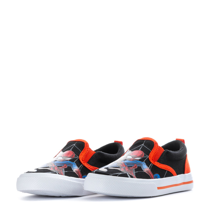 Pair of toddler slip-on sneakers in black/red with Spider-Man print and white sole