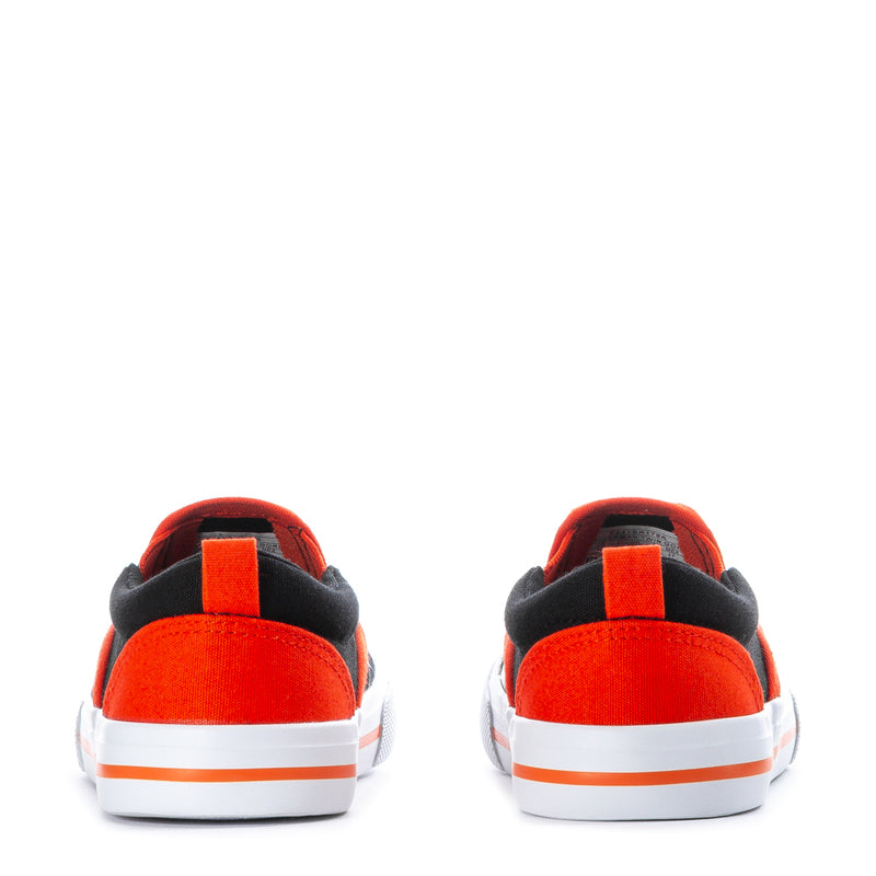 Back view of toddler slip-on sneakers with black heel, red panels, orange pull loops