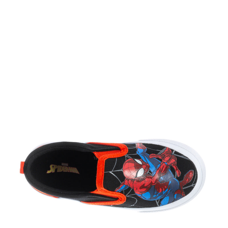 Toddler slip-on sneaker with black toe, red collar, Spider-Man print on white outsole