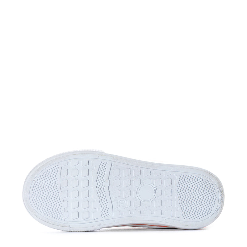 Toddler sneaker outsole tread, white rubber bottom with textured traction pattern