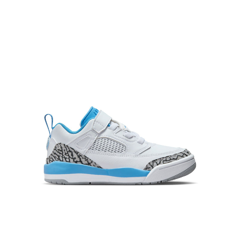 Kids low-top sneaker in white with university blue accents and grey patterned toe