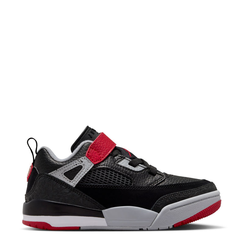 Kids low-top sneakers in black with red strap, gray accents, and white midsole