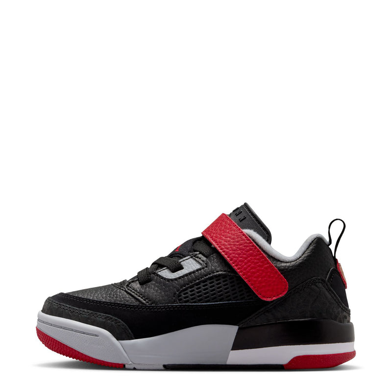 Kids low-top sneakers, black upper with red hook strap, gray details, white midsole