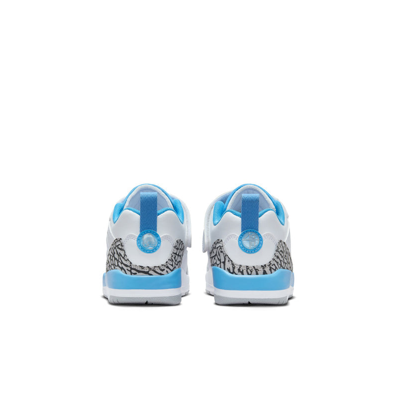 Kids low-top sneaker pair, rear view with blue heel tabs and white midsoles