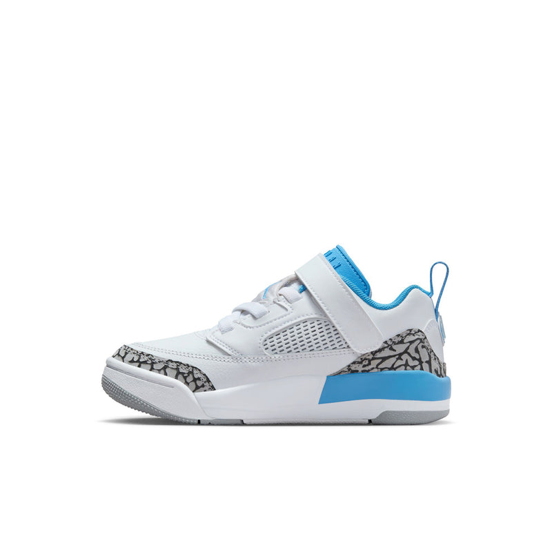 Kids low-top sneaker, angled side view, white with blue outsole trim and grey toe detail